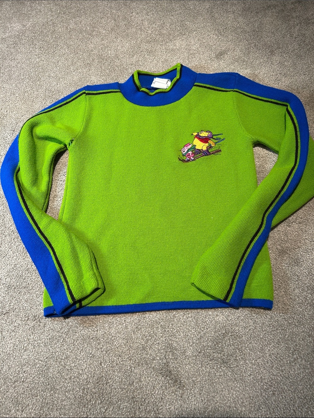 Kids Bright Green Sweater with Blue Trim and Ski Patch